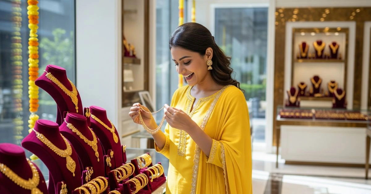 Woman buying gold jewellery at a store – gold rate today